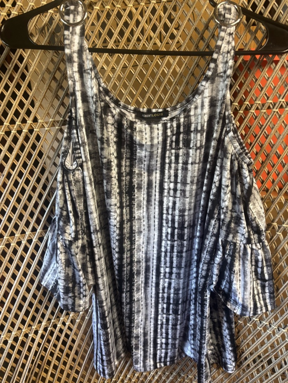 Robert Louis Black and White Tie-Dye Cold Shoulder Tank